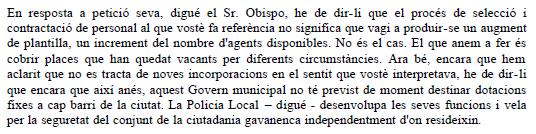 Resposta de l'Equip de Govern Municipal de l'Ajuntament de Gavà al prec de C's de Gav sollicitant que s'aprofiti la convocatria de noves places de Policia Local per establir una dotaci fixa per a Gavà Mar durant tot l'any (26 de Febrer de 2009)